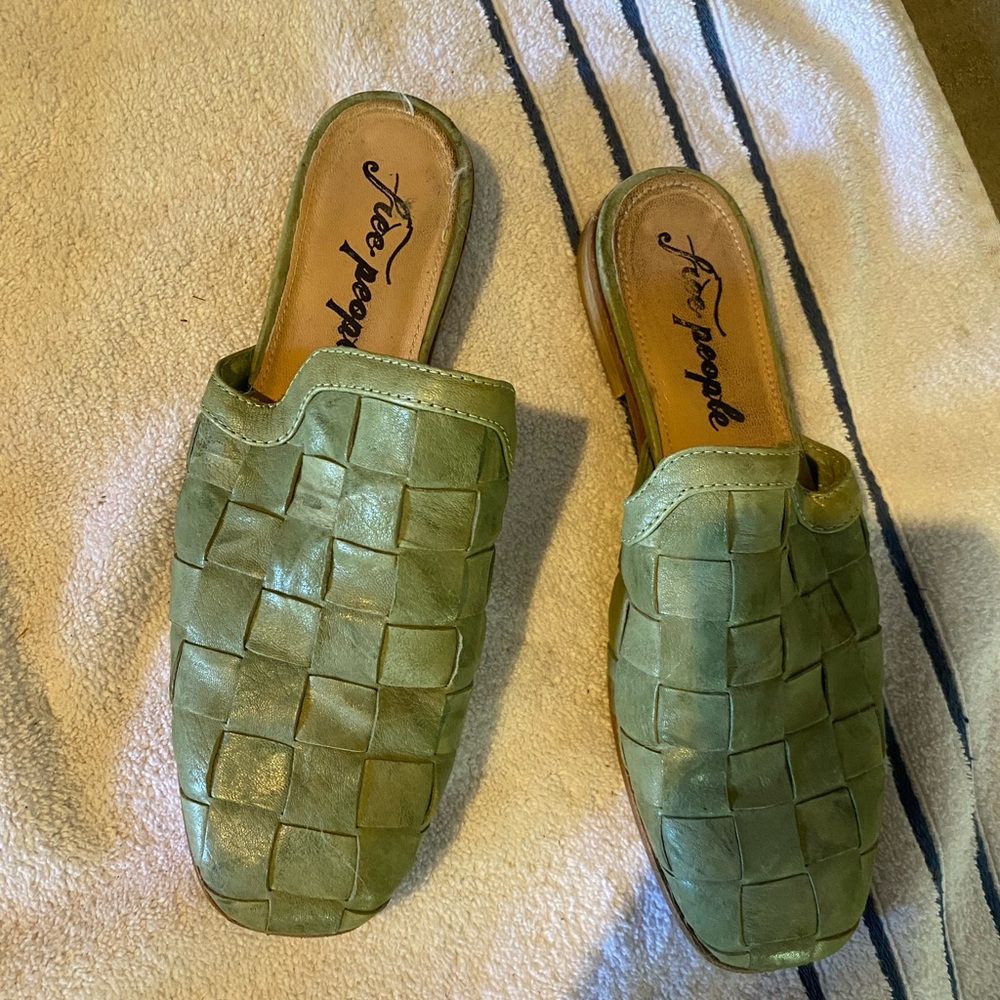 Free People Olive Green Woven Leather Slip-On Mules